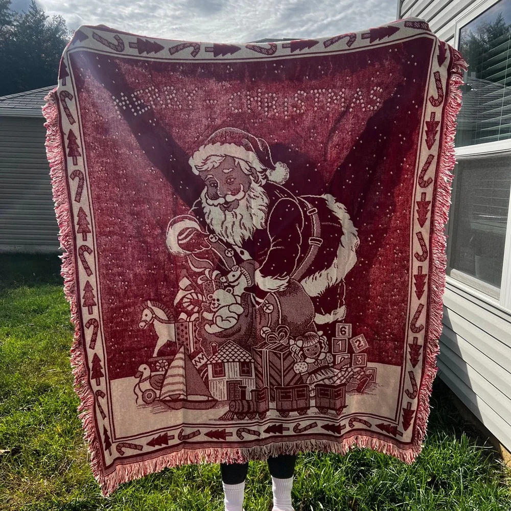VTG Creepy Eyed Santa Tapestry Throw Blanket 58x47 Christmas
